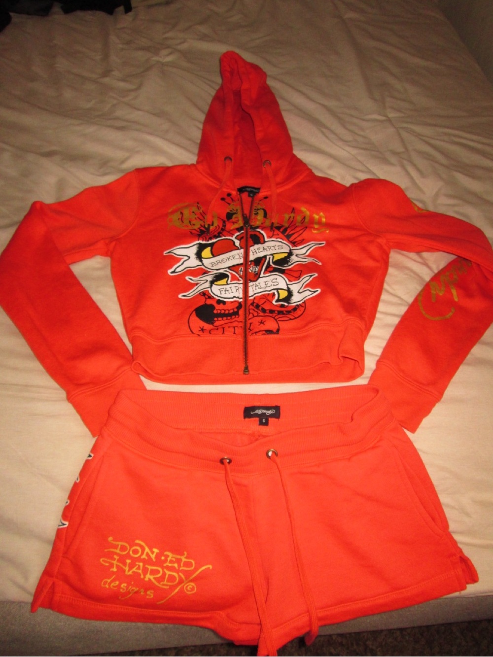 Ed Hardy Orange Graphic Zip-Up Hoodie and Shorts Set - Picture 5 of 5